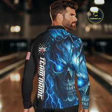 Load image into Gallery viewer, Custom Blue Lightning thunder Skull American Flag Patriotic Mens Bowling Shirts, Gift For Bowlers NQS10463