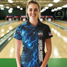 Load image into Gallery viewer, Custom Blue Lightning thunder Skull American Flag Patriotic Womens Bowling Shirts, Gift For Bowlers NQS10463