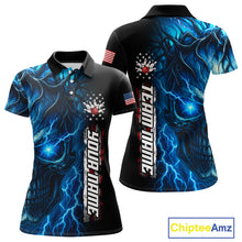 Load image into Gallery viewer, Custom Blue Lightning thunder Skull American Flag Patriotic Womens Bowling Shirts, Gift For Bowlers NQS10463