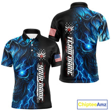 Load image into Gallery viewer, Custom Blue Lightning thunder Skull American Flag Patriotic Mens Bowling Shirts, Gift For Bowlers NQS10463