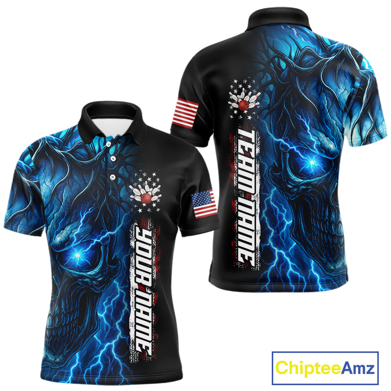 Custom Blue Lightning thunder Skull American Flag Patriotic Mens Bowling Shirts, Gift For Bowlers NQS10463