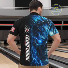 Load image into Gallery viewer, Custom Blue Lightning thunder Skull American Flag Patriotic Mens Bowling Shirts, Gift For Bowlers NQS10463