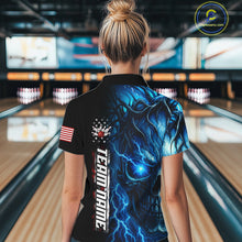 Load image into Gallery viewer, Custom Blue Lightning thunder Skull American Flag Patriotic Womens Bowling Shirts, Gift For Bowlers NQS10463