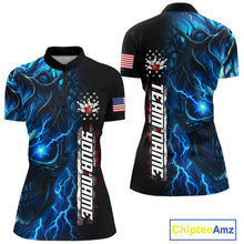 Load image into Gallery viewer, Custom Blue Lightning thunder Skull American Flag Patriotic Womens Bowling Shirts, Gift For Bowlers NQS10463