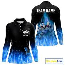 Load image into Gallery viewer, Personalized Women Bowling Shirt Blue flame Bowling Ball Pins Team bowling jerseys for ladies Bowler NQS10471