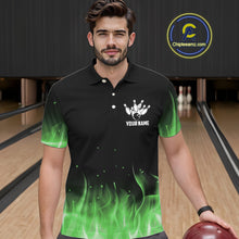 Load image into Gallery viewer, Personalized Mens Bowling Shirt Green flame Bowling Ball and Pins Team bowling jerseys for men Bowler NQS10472
