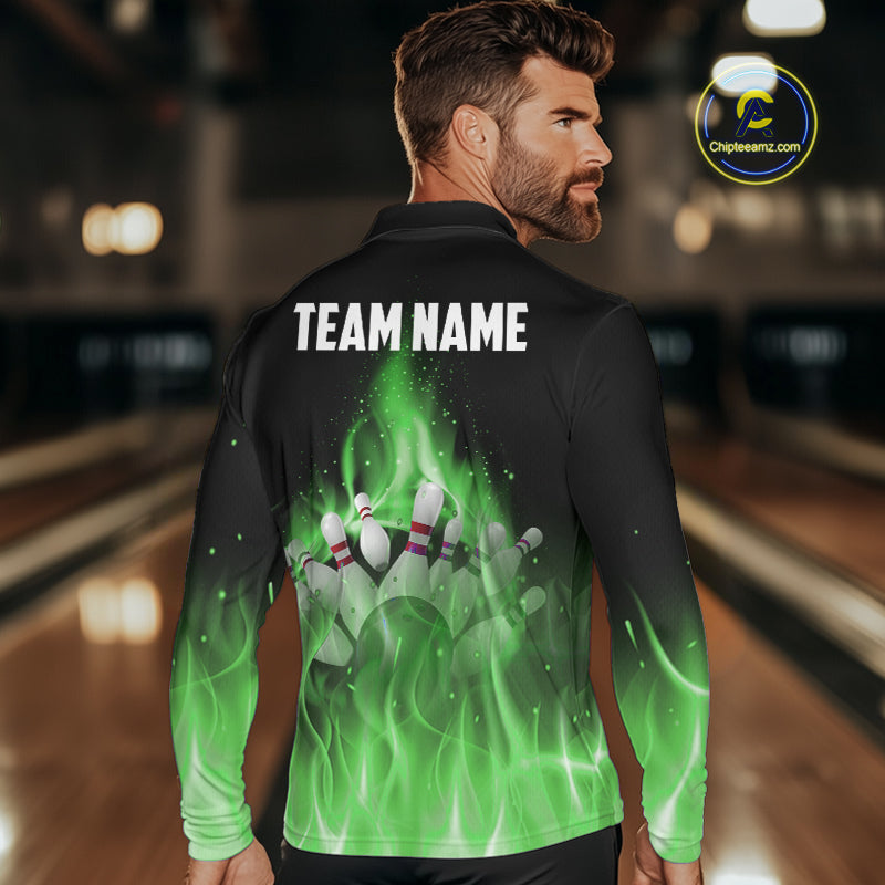 Personalized Mens Bowling Shirt Green flame Bowling Ball and Pins Team bowling jerseys for men Bowler NQS10472