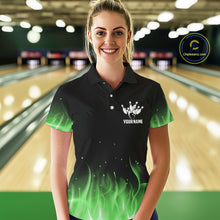 Load image into Gallery viewer, Personalized Women Bowling Shirt Green flame Bowling Ball Pins Team bowling jerseys for ladies Bowler NQS10472