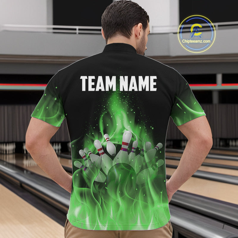 Personalized Mens Bowling Shirt Green flame Bowling Ball and Pins Team bowling jerseys for men Bowler NQS10472