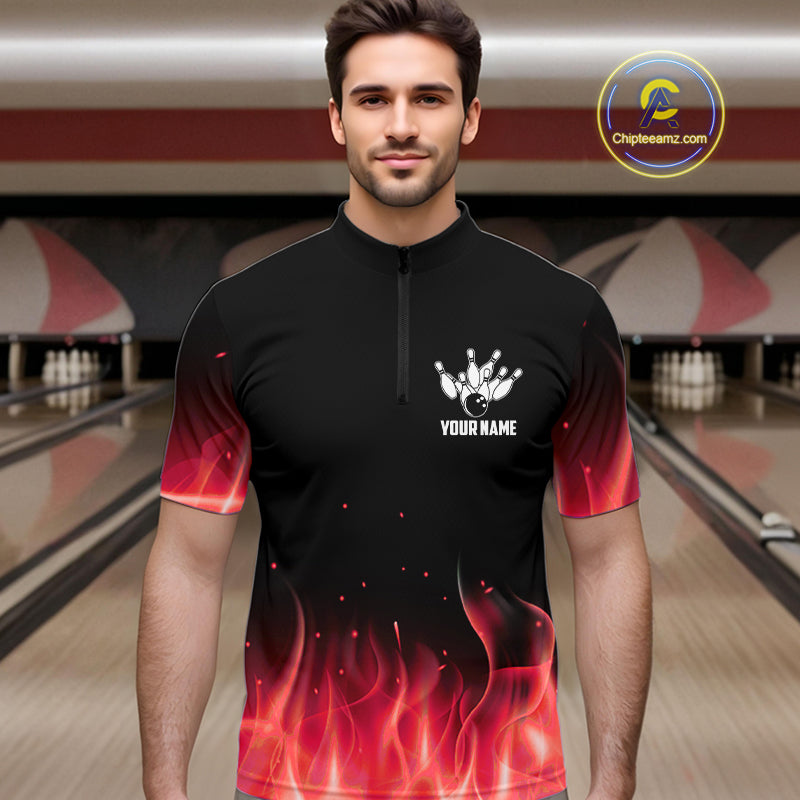 Personalized Mens Bowling Shirt Red flame Bowling Ball and Pins Team bowling jerseys for men Bowler NQS10473