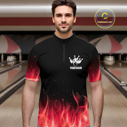 Personalized Mens Bowling Shirt Red flame Bowling Ball and Pins Team bowling jerseys for men Bowler NQS10473
