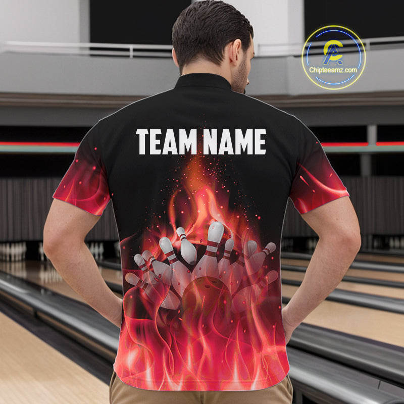 Personalized Mens Bowling Shirt Red flame Bowling Ball and Pins Team bowling jerseys for men Bowler NQS10473