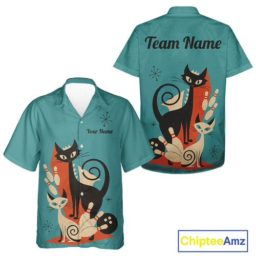 Custom retro bowling Hawaiian shirts Cat Bowling jersey Team Bowling button up Shirt | Blue NQS11072