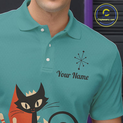 Custom retro bowling shirts Cat Bowling jersey for men Team Bowling Polo, 1/4 Zip Shirts | Blue NQS11072