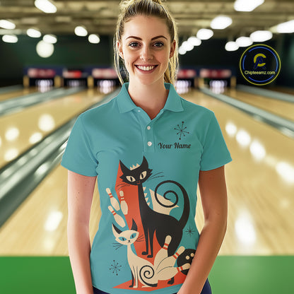 Custom retro bowling shirts Cats Bowling jersey for Women Team Bowling Polo, 1/4 Zip Shirts | Blue NQS11072