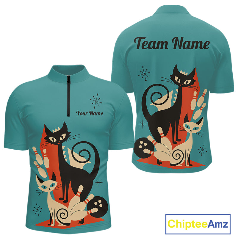 Custom retro bowling shirts Cat Bowling jersey for men Team Bowling Polo, 1/4 Zip Shirts | Blue NQS11072
