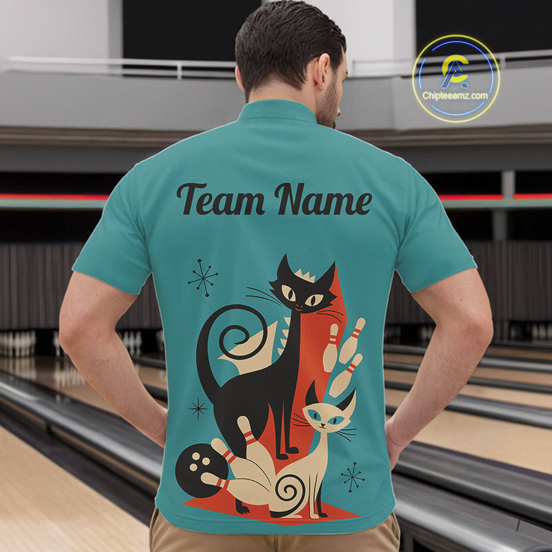 Custom retro bowling shirts Cat Bowling jersey for men Team Bowling Polo, 1/4 Zip Shirts | Blue NQS11072