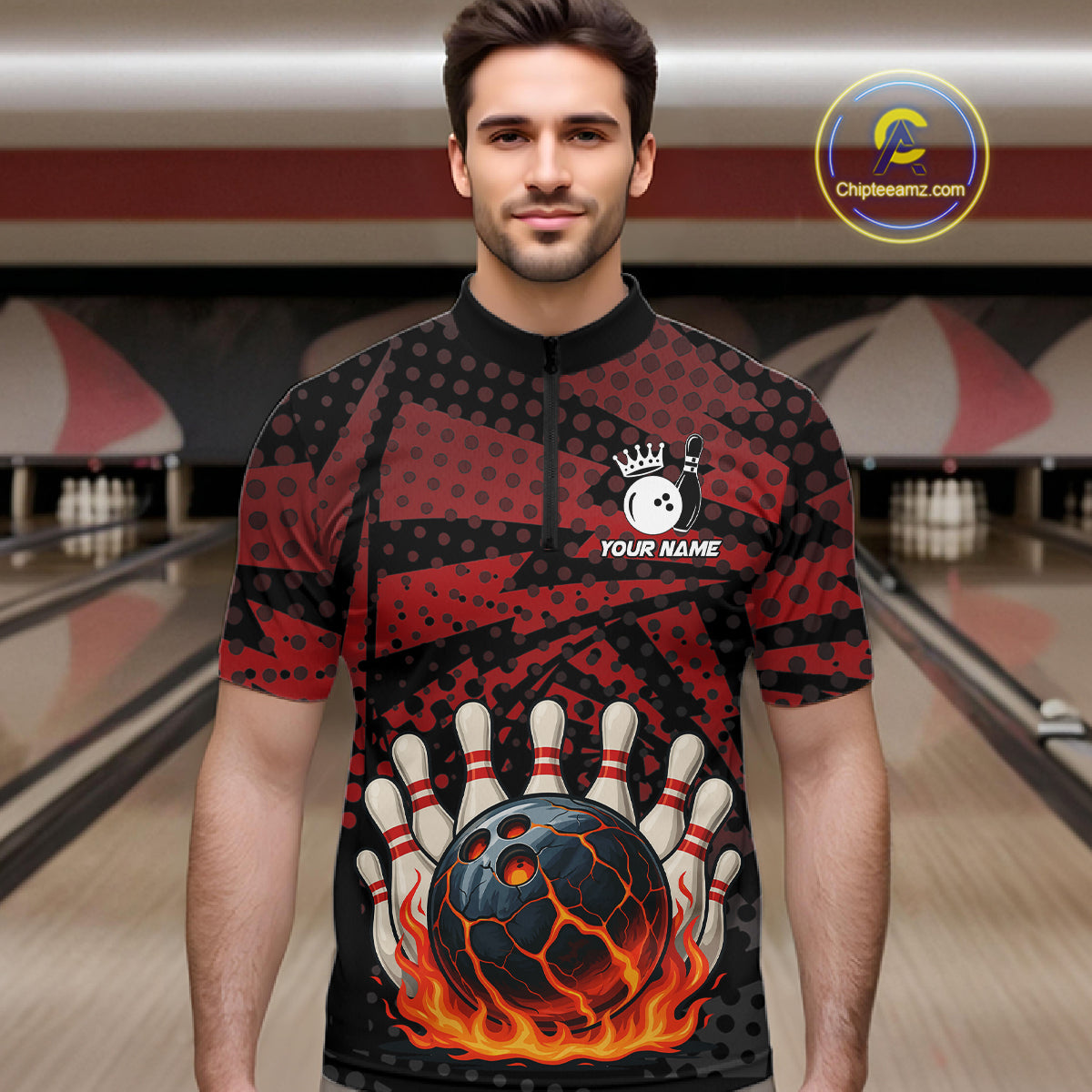 Black and Red pattern Flame Bowling Polo, 1/4 zip shirts For Men Custom Team Bowling Jerseys NQS11277