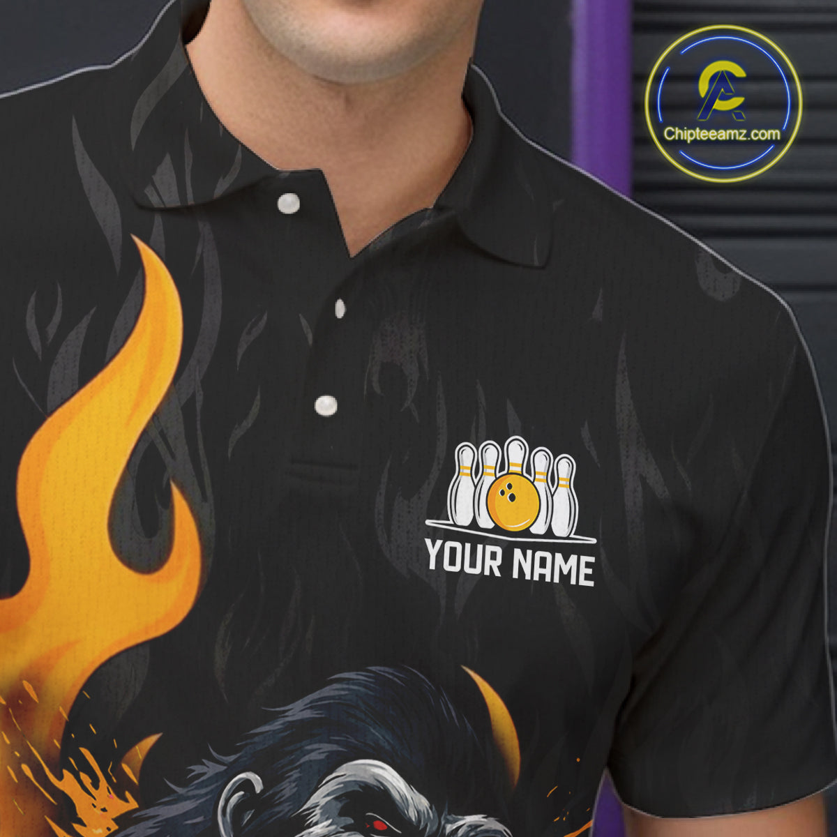 Black and Orange Flame Gorilla Bowling shirts For Men Custom Gorilla Team Bowling Jerseys NQS11279