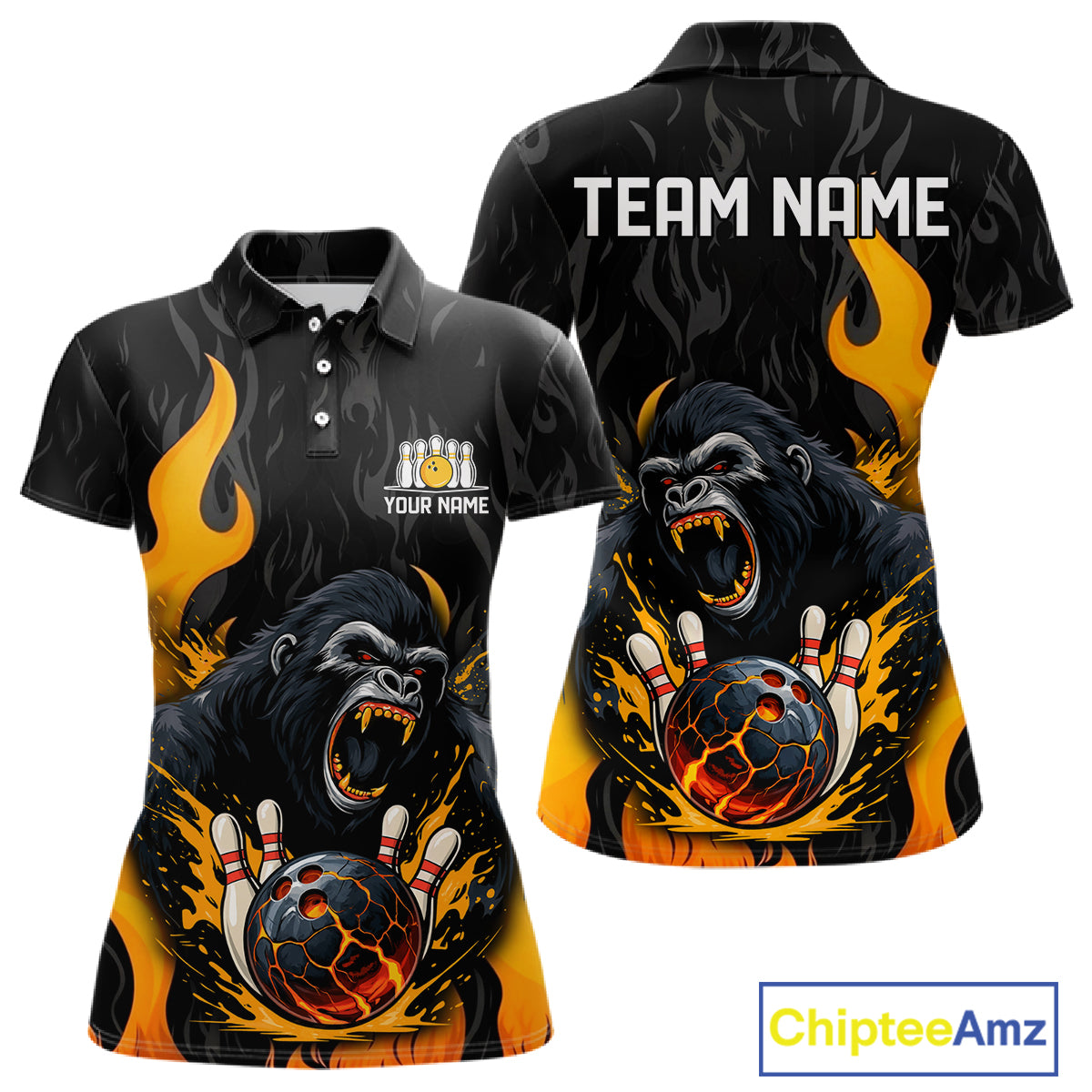 Black and Orange Flame Gorilla Bowling shirts For Women Custom Gorilla Team Bowling Jerseys NQS11279