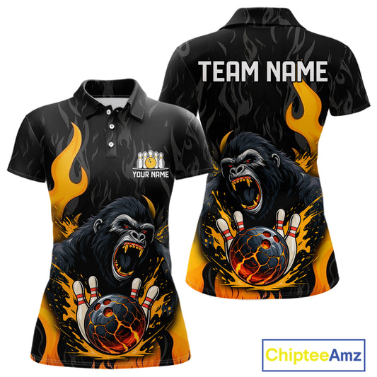 Black and Orange Flame Gorilla Bowling shirts For Women Custom Gorilla Team Bowling Jerseys NQS11279