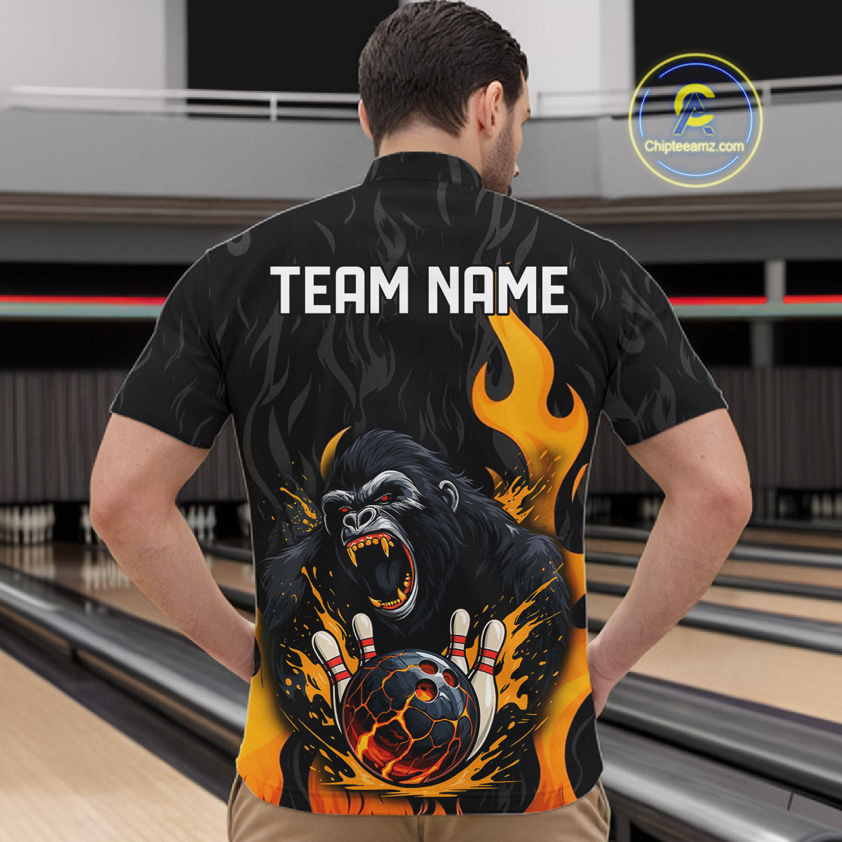 Black and Orange Flame Gorilla Bowling shirts For Men Custom Gorilla Team Bowling Jerseys NQS11279