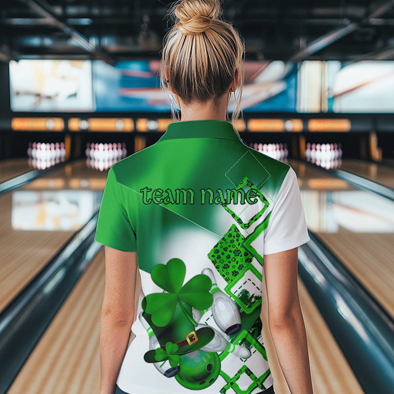 Green shamrock Women bowling polo, quarter zip shirts Custom St Patrick Day team league bowling jersey NQS9556