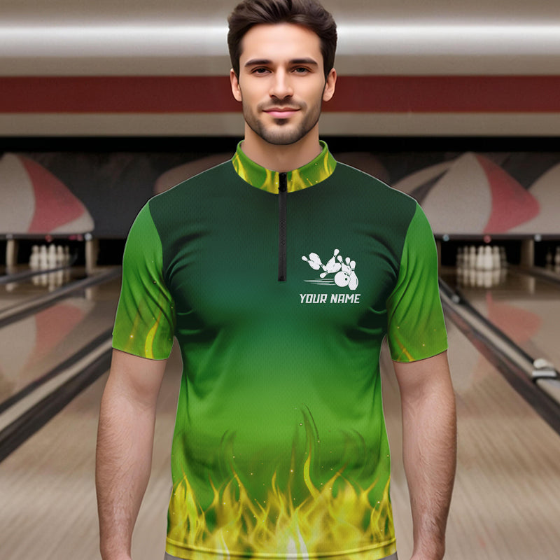 Personalized Yellow Green Flame Bowling Polo, Quarter Zip Shirts For Men Custom Team Bowling Jersey NQS9559