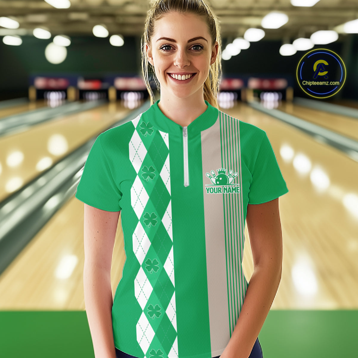 Retro Green argyle pattern shamrock Bowling shirts For Women custom St Patrick's bowling team jersey NQS11667