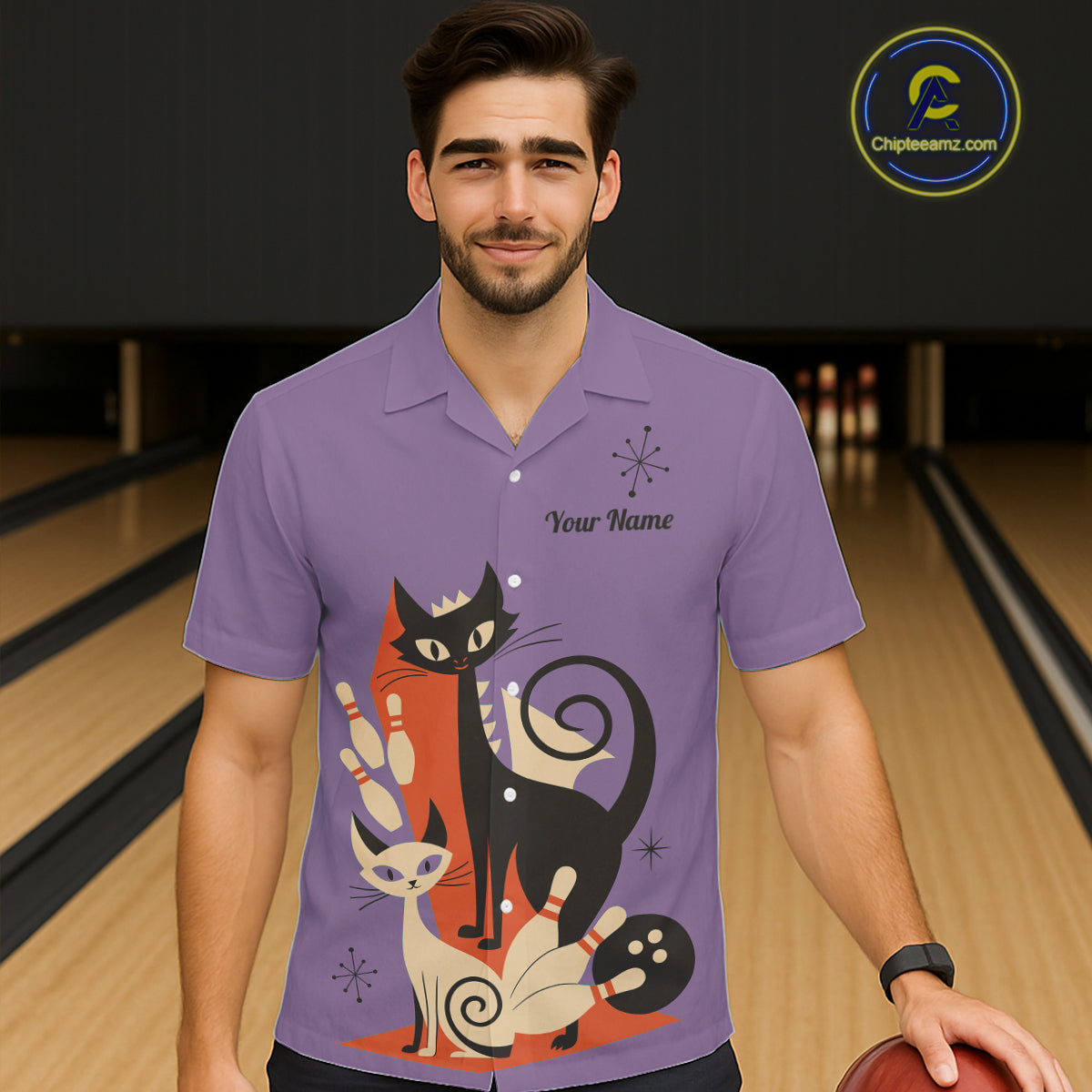Custom retro bowling Hawaiian shirts Cat Bowling jersey Team Bowling button up Shirt | Purple NQS11668