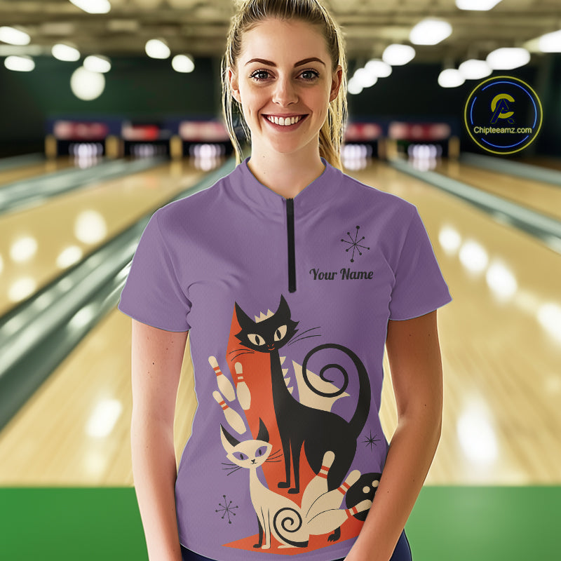 Custom retro bowling shirts Cats Bowling jersey for Women Team Bowling Polo, 1/4 Zip Shirts | Purple NQS11668