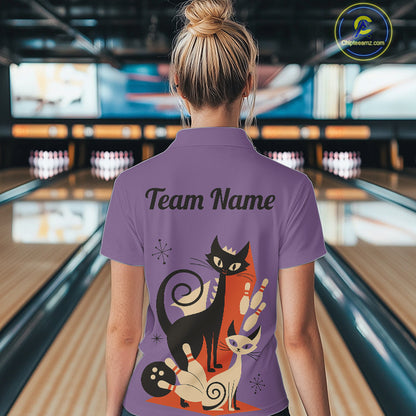 Custom retro bowling shirts Cats Bowling jersey for Women Team Bowling Polo, 1/4 Zip Shirts | Purple NQS11668