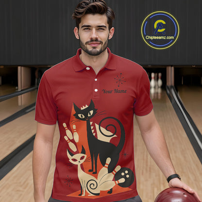 Custom retro bowling shirts Cat Bowling jersey for men Team Bowling Polo, 1/4 Zip Shirts | Red NQS11669