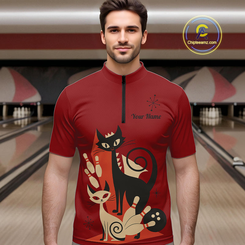 Custom retro bowling shirts Cat Bowling jersey for men Team Bowling Polo, 1/4 Zip Shirts | Red NQS11669