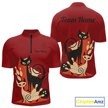 Load image into Gallery viewer, Custom retro bowling shirts Cat Bowling jersey for men Team Bowling Polo, 1/4 Zip Shirts | Red NQS11669