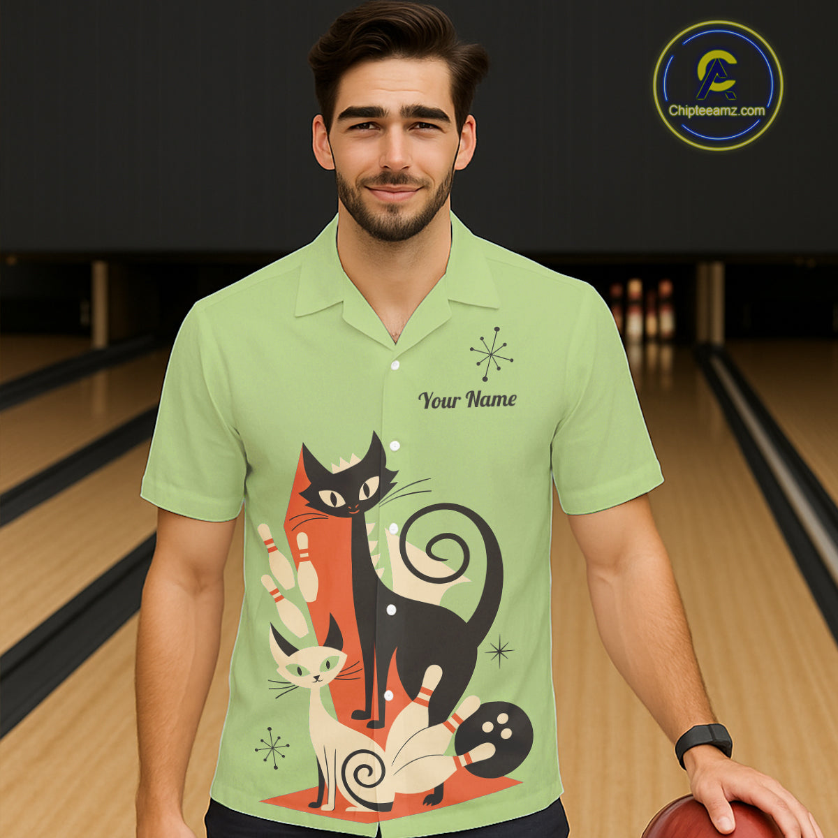 Custom retro bowling Hawaiian shirts Cat Bowling jersey Team Bowling button up Shirt | Green NQS11670