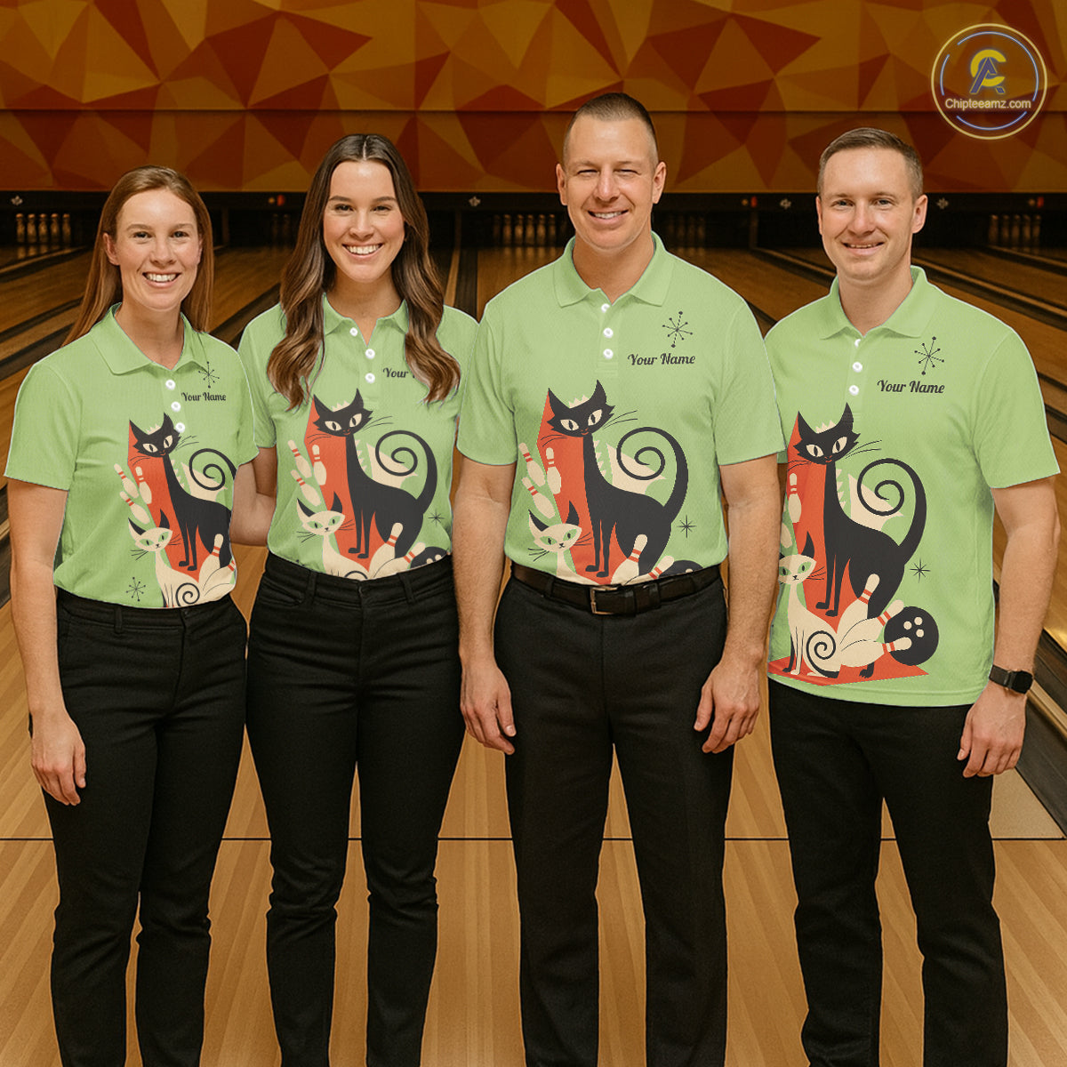Custom retro bowling shirts Cats Bowling jersey for Women Team Bowling Polo, 1/4 Zip Shirts | Green NQS11670