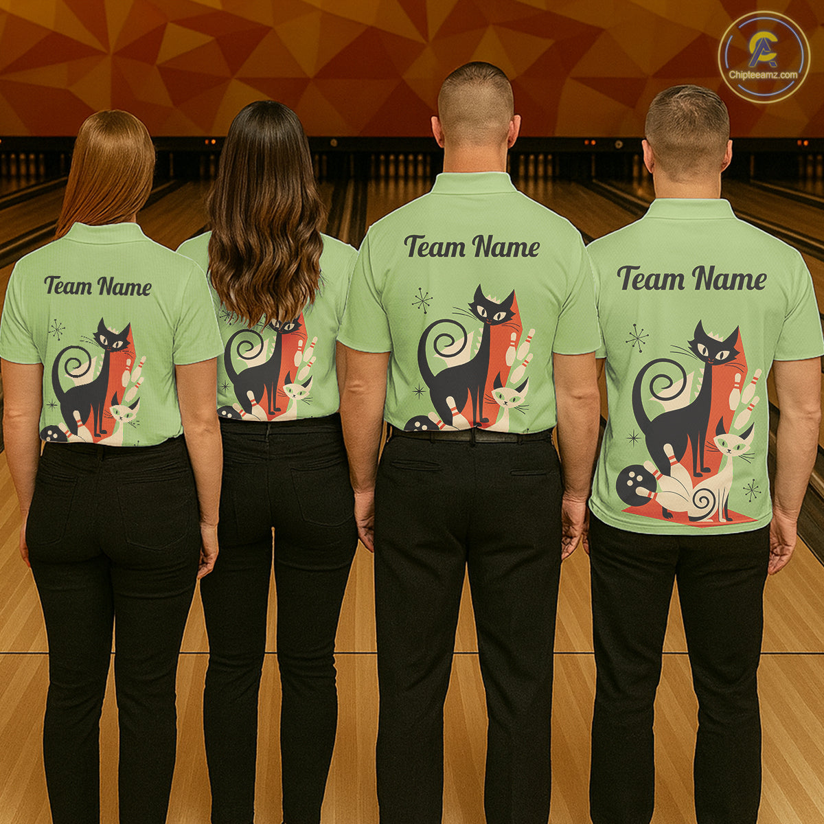 Custom retro bowling shirts Cats Bowling jersey for Women Team Bowling Polo, 1/4 Zip Shirts | Green NQS11670