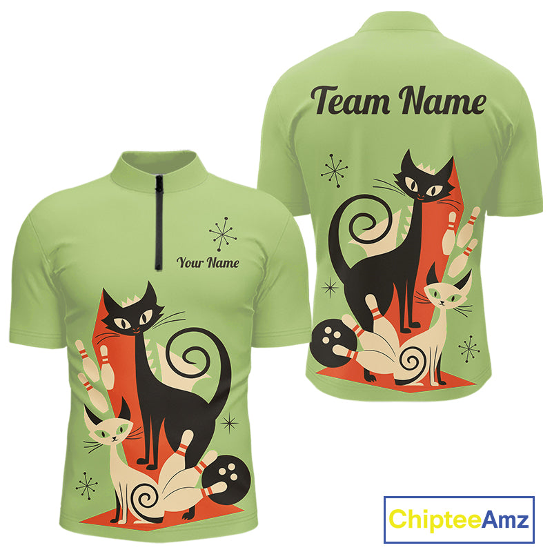 Custom retro bowling shirts Cat Bowling jersey for men Team Bowling Polo, 1/4 Zip Shirts | Green NQS11670
