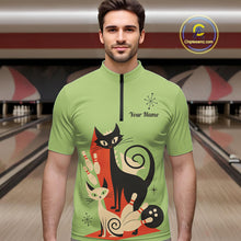 Load image into Gallery viewer, Custom retro bowling shirts Cat Bowling jersey for men Team Bowling Polo, 1/4 Zip Shirts | Green NQS11670