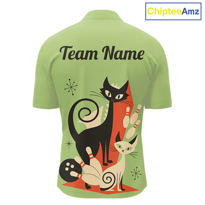 Custom retro bowling shirts Cat Bowling jersey for men Team Bowling Polo, 1/4 Zip Shirts | Green NQS11670