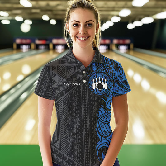 Black and Blue Tribal pattern Womens Bowling Shirts Custom Bowling outfit ladies Team bowling jerseys NQS9713