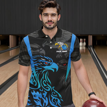 Black and Blue Tribal Eagle Bowling Polo, Quarter Zip Shirts For Men Custom Eagle Bowling Team Shirt NQS9716