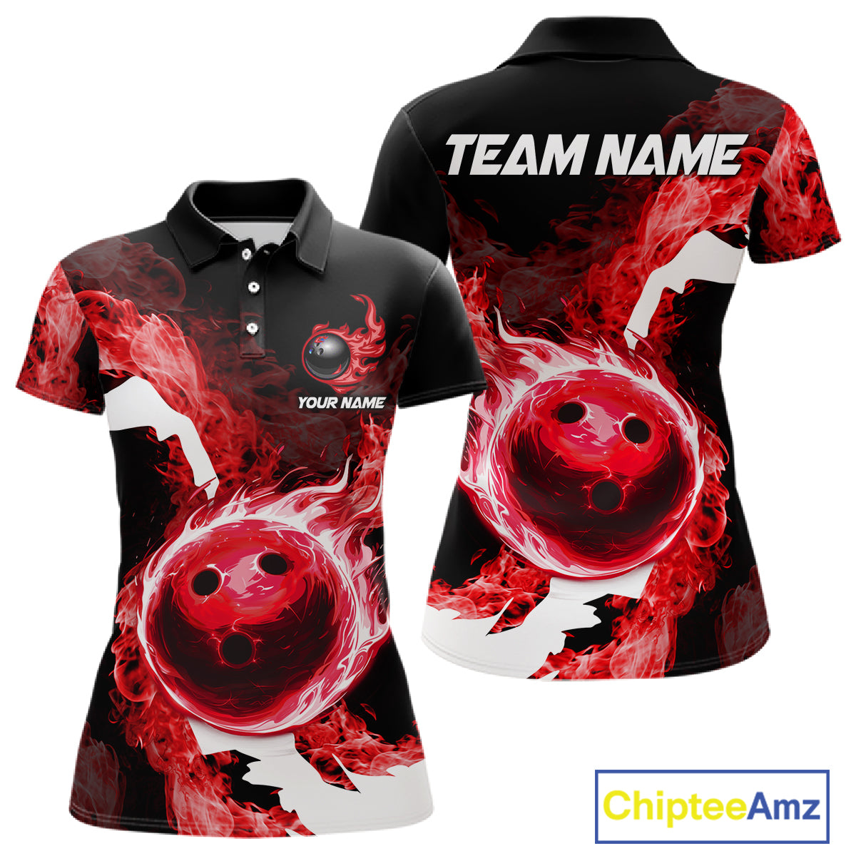 Red Flame Fire Bowling Shirts for Women Custom Bowling Team Jersey Bowling Polo & Quarter-Zip Shirts NQS11751