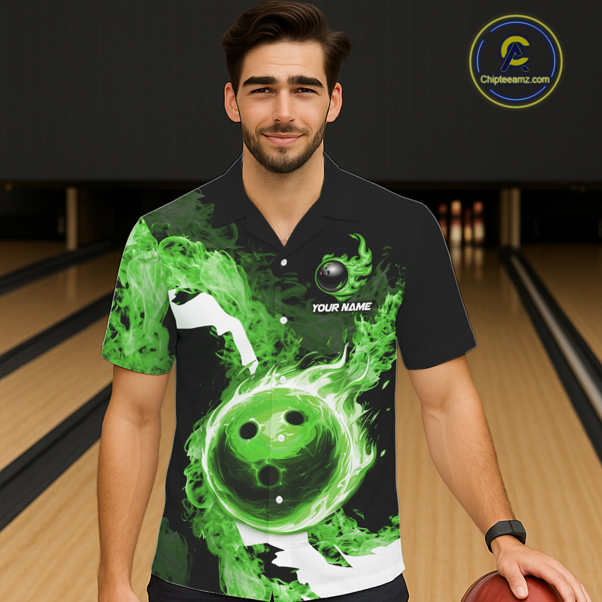 Green Flame Fire Bowling Hawaiian Shirt Custom Bowling Team Jersey Bowling Button-up Shirts NQS11752