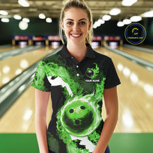 Load image into Gallery viewer, Green Flame Fire Bowling Shirts for Women Custom Bowling Team Jersey Bowling Polo &amp; Quarter-Zip Shirts NQS11752