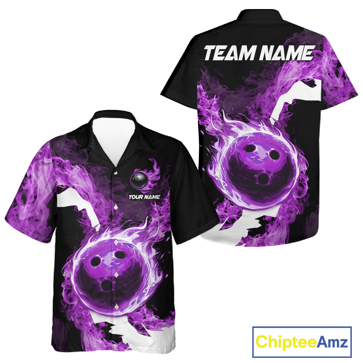 Purple Flame Fire Bowling Hawaiian Shirt Custom Bowling Team Jersey Bowling Button-up Shirts NQS11753