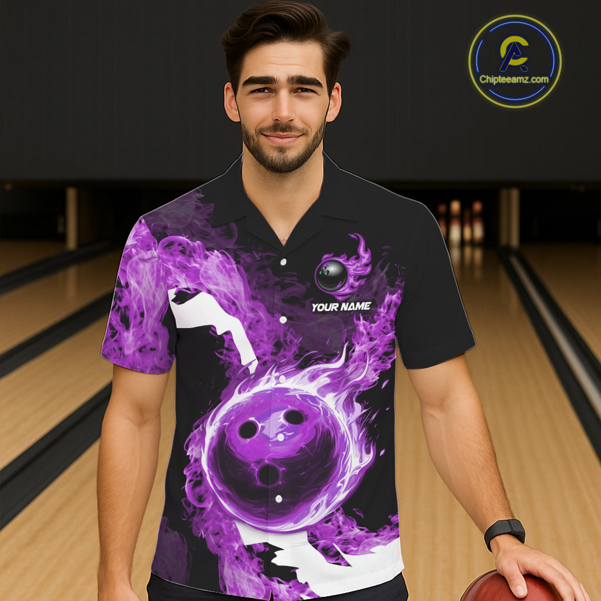 Purple Flame Fire Bowling Hawaiian Shirt Custom Bowling Team Jersey Bowling Button-up Shirts NQS11753