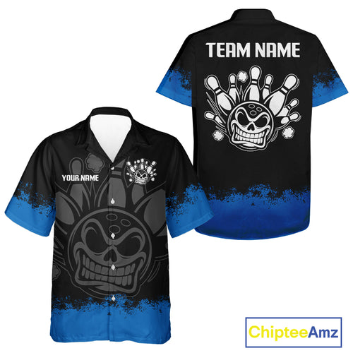 Black and Blue Funny Bowling Hawaiian shirt Custom Bowling Team Button Up Shirts NQS9982