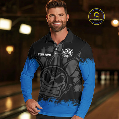 Black and Blue Funny Bowling Polo, Quarter Zip Shirt for Men Custom Bowling Team Jersey NQS9982